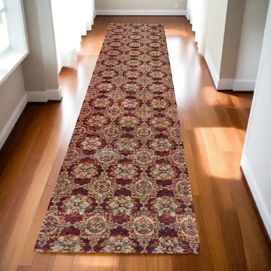 12' Runner Red and Gold Oriental Power Loom Runner Rug Photo 1