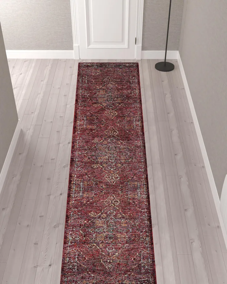 Red And Gold Oriental Power Loom Stain Resistant Runner Rug Photo 2