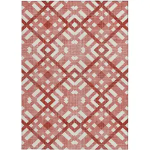 Photo of Red And Ivory Geometric Washable Indoor Outdoor Area Rug