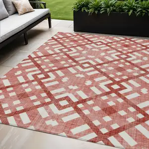 Photo of Red And Ivory Geometric Washable Indoor Outdoor Area Rug