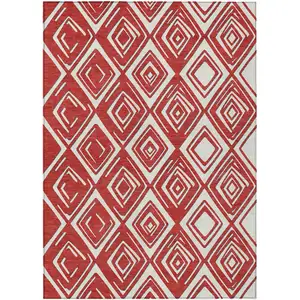 Photo of Red And Ivory Geometric Washable Indoor Outdoor Area Rug