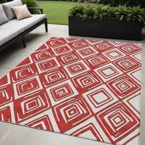 Photo of Red And Ivory Geometric Washable Indoor Outdoor Area Rug