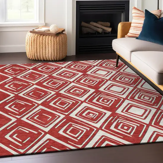 Red And Ivory Geometric Washable Indoor Outdoor Area Rug Photo 9