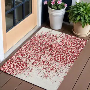 Photo of Red And Ivory Medallion Washable Indoor Outdoor Area Rug