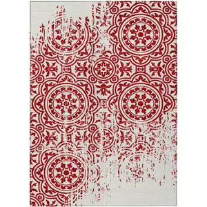 Photo of Red And Ivory Medallion Washable Indoor Outdoor Area Rug