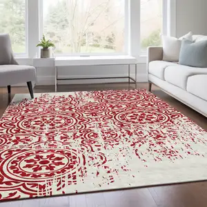 Photo of Red And Ivory Medallion Washable Indoor Outdoor Area Rug