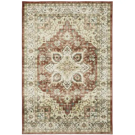 Red And Ivory Oriental Distressed Area Rug Photo 2