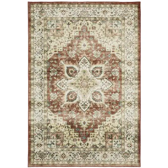 Red And Ivory Oriental Distressed Area Rug Photo 7