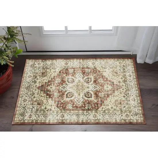 Red And Ivory Oriental Distressed Area Rug Photo 1