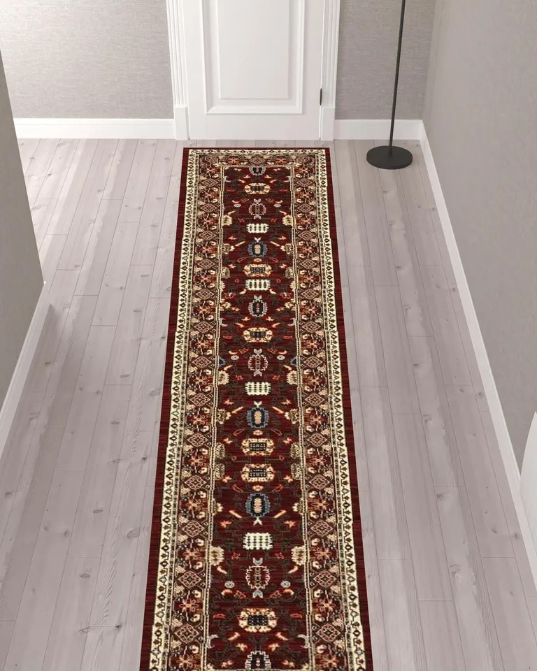 Red And Ivory Oriental Power Loom Runner Rug With Fringe Photo 2