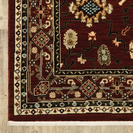 Red And Ivory Oriental Power Loom Runner Rug With Fringe Photo 4