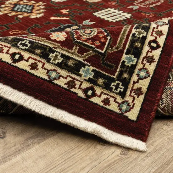 Red And Ivory Oriental Power Loom Runner Rug With Fringe Photo 9