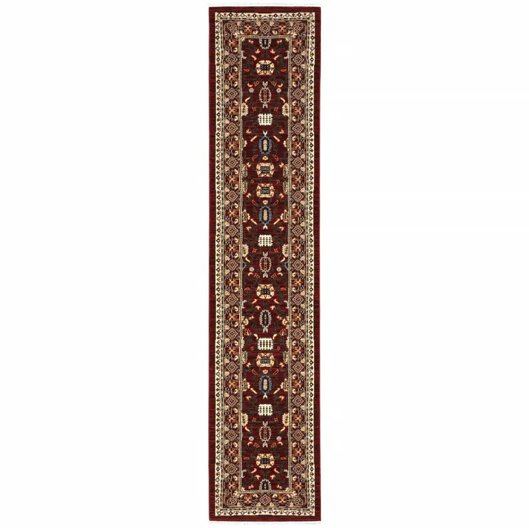 Red And Ivory Oriental Power Loom Runner Rug With Fringe Photo 1