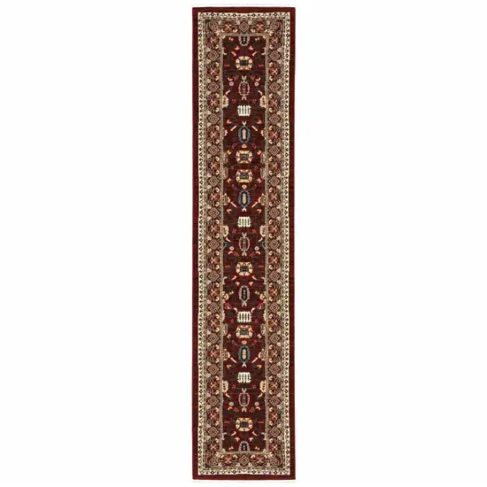 Red And Ivory Oriental Power Loom Runner Rug With Fringe Photo 1