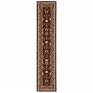 Photo of Red And Ivory Oriental Power Loom Runner Rug With Fringe