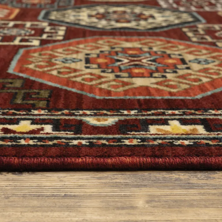 Red And Ivory Oriental Power Loom Runner Rug With Fringe Photo 4