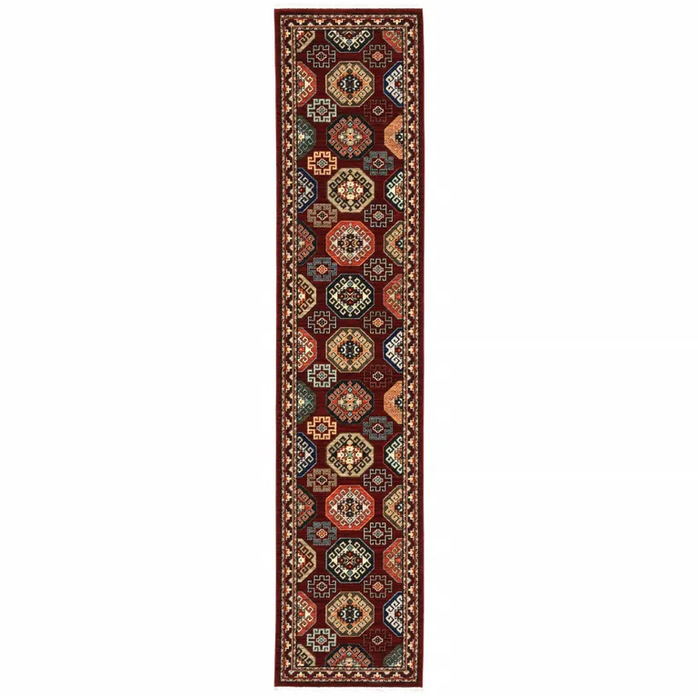 Red And Ivory Oriental Power Loom Runner Rug With Fringe Photo 1