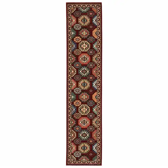 Red And Ivory Oriental Power Loom Runner Rug With Fringe Photo 1