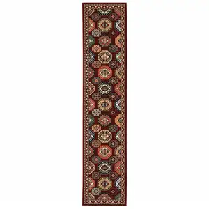 Photo of Red And Ivory Oriental Power Loom Runner Rug With Fringe