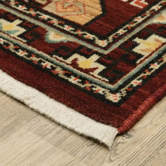 Red And Ivory Oriental Power Loom Runner Rug With Fringe Photo 8