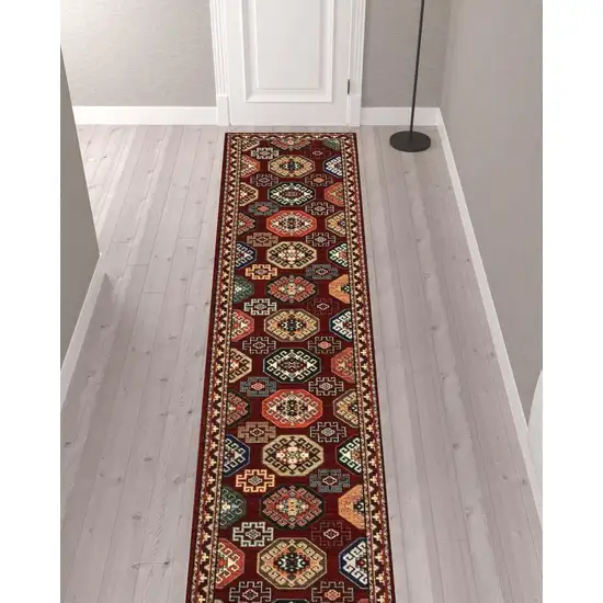 Red And Ivory Oriental Power Loom Runner Rug With Fringe Photo 3