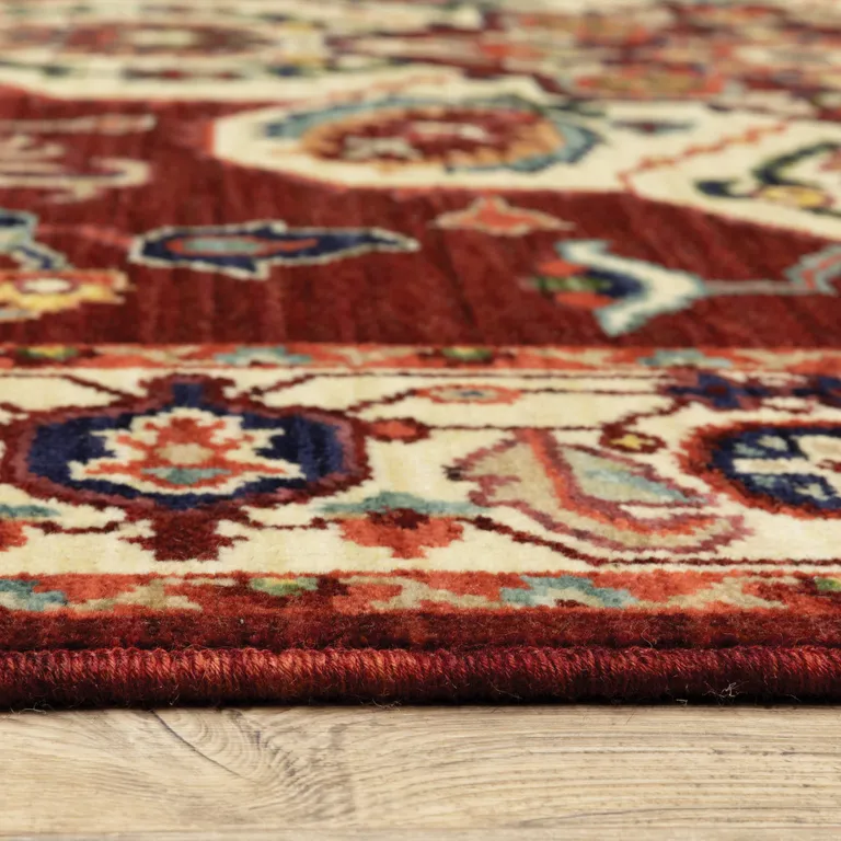 Red And Ivory Oriental Power Loom Runner Rug With Fringe Photo 3