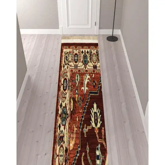 Red And Ivory Oriental Power Loom Runner Rug With Fringe Photo 3