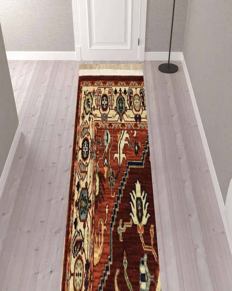 Red And Ivory Oriental Power Loom Runner Rug With Fringe Photo 2