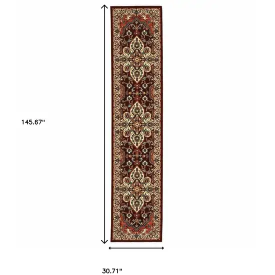 Red And Ivory Oriental Power Loom Runner Rug With Fringe Photo 9