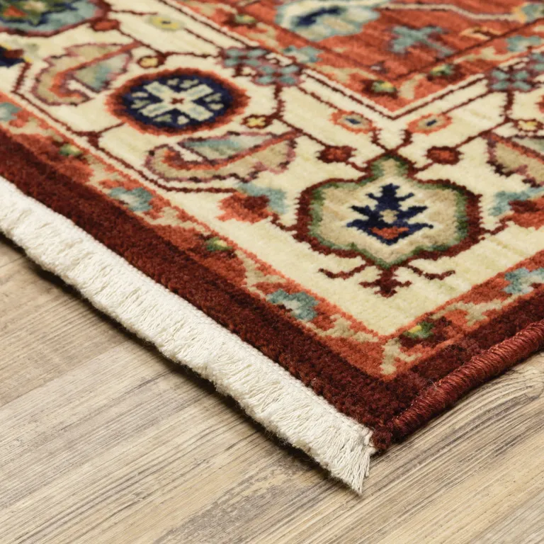 Red And Ivory Oriental Power Loom Runner Rug With Fringe Photo 5