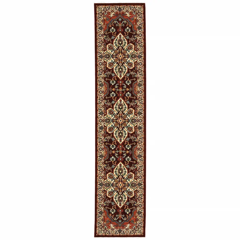 Red And Ivory Oriental Power Loom Runner Rug With Fringe Photo 1