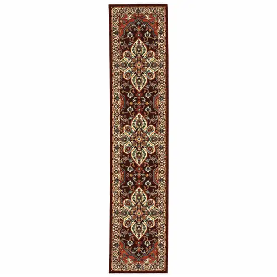 Red And Ivory Oriental Power Loom Runner Rug With Fringe Photo 2