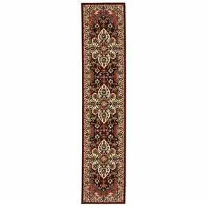 Photo of Red And Ivory Oriental Power Loom Runner Rug With Fringe