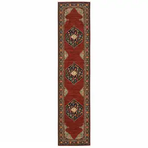 Photo of Red And Ivory Oriental Power Loom Runner Rug With Fringe