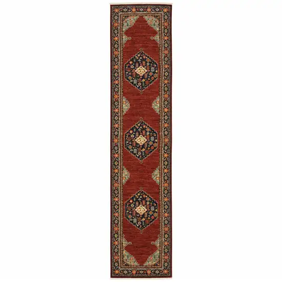 Red And Ivory Oriental Power Loom Runner Rug With Fringe Photo 1