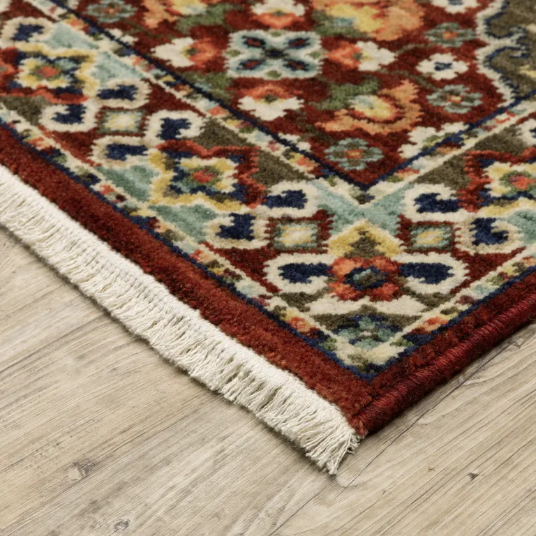 Red And Ivory Oriental Power Loom Runner Rug With Fringe Photo 3