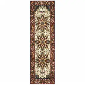 Photo of Red And Ivory Oriental Power Loom Stain Resistant Runner Rug