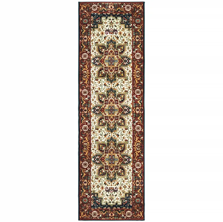 Red And Ivory Oriental Power Loom Stain Resistant Runner Rug Photo 1