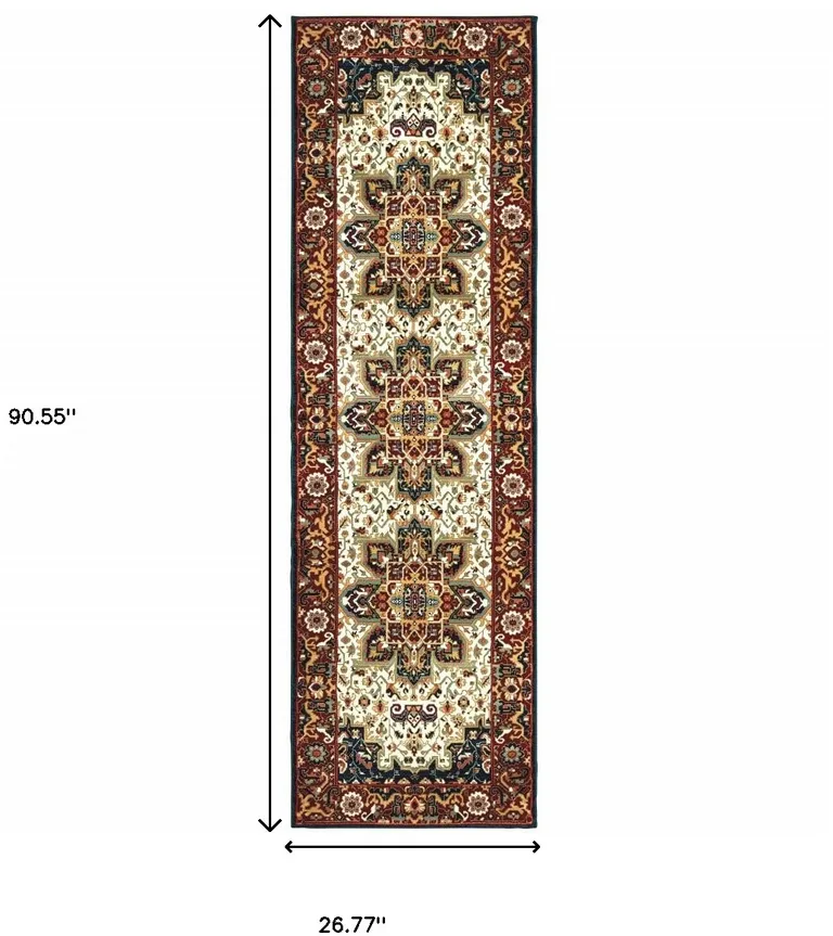 Red And Ivory Oriental Power Loom Stain Resistant Runner Rug Photo 4