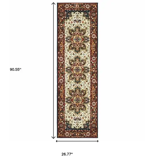 Red And Ivory Oriental Power Loom Stain Resistant Runner Rug Photo 4