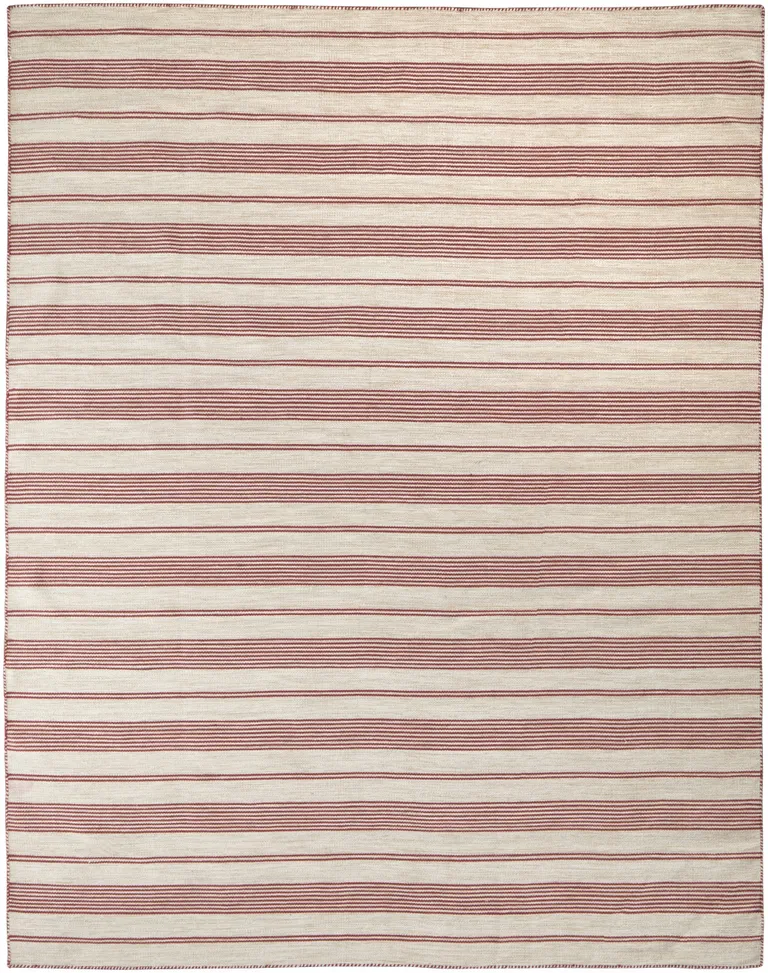 Red And Ivory Striped Dhurrie Hand Woven Stain Resistant Area Rug Photo 1