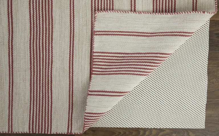 Red And Ivory Striped Dhurrie Hand Woven Stain Resistant Area Rug Photo 3