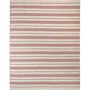 Photo of Red And Ivory Striped Dhurrie Hand Woven Stain Resistant Area Rug