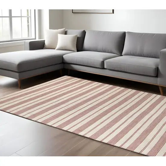 Red and Ivory Striped Hand Woven Area Rug Photo 1