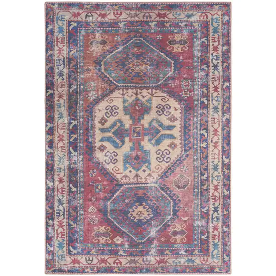 Red And Navy Medallion Distressed Washable Area Rug Photo 1