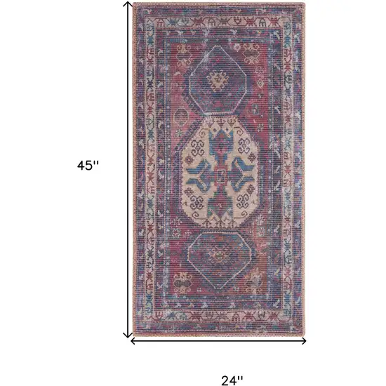 Red And Navy Oriental Power Loom Distressed Washable Area Rug Photo 5