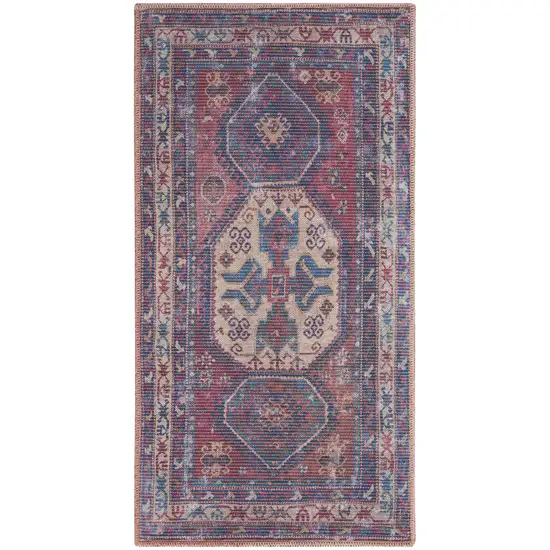 Red And Navy Oriental Power Loom Distressed Washable Area Rug Photo 1