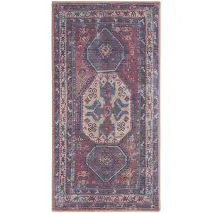 Photo of Red And Navy Oriental Power Loom Distressed Washable Area Rug