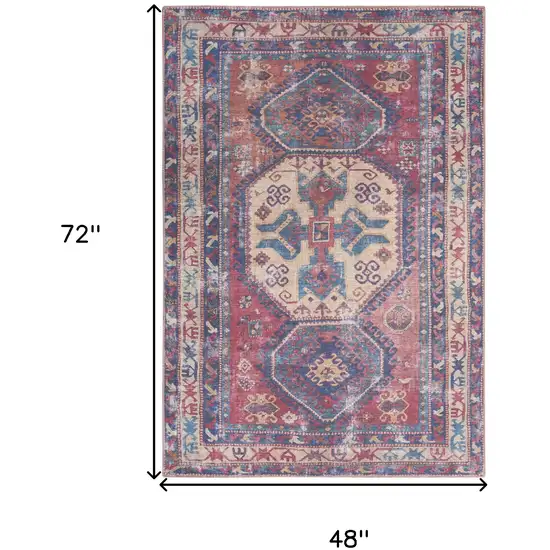 Red And Navy Oriental Power Loom Distressed Washable Area Rug Photo 5