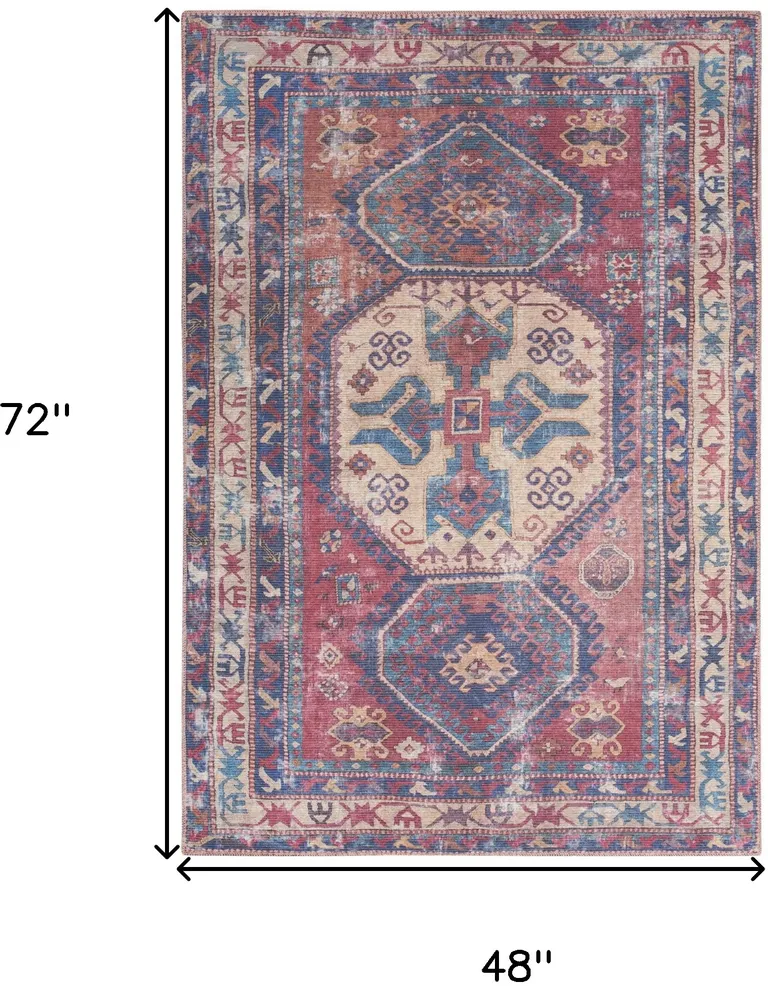 Red And Navy Oriental Power Loom Distressed Washable Area Rug Photo 5